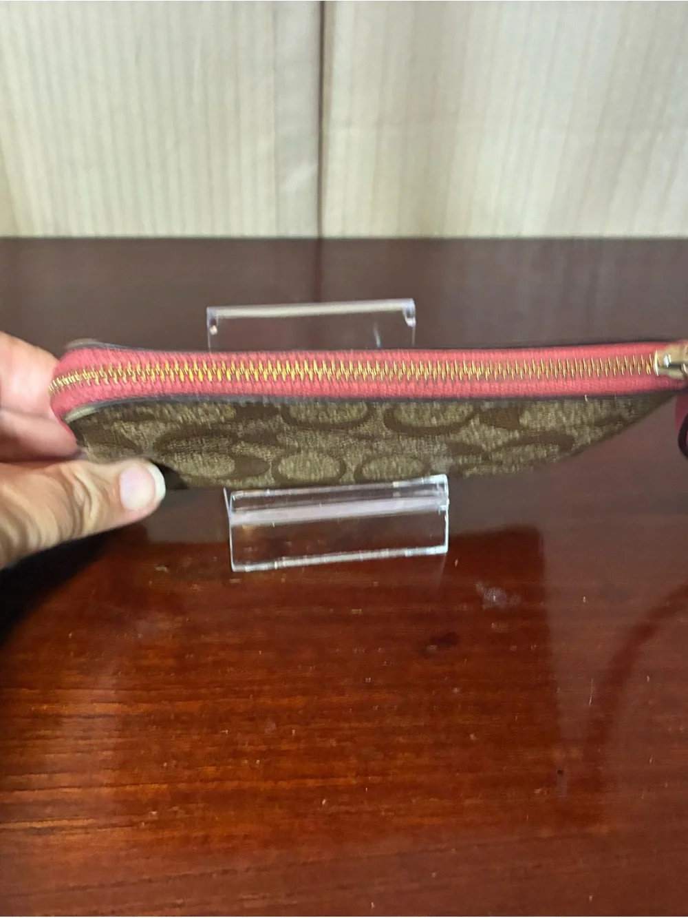 Coach Brown Signature Canvas Wristlet with Pink Heart Patch
